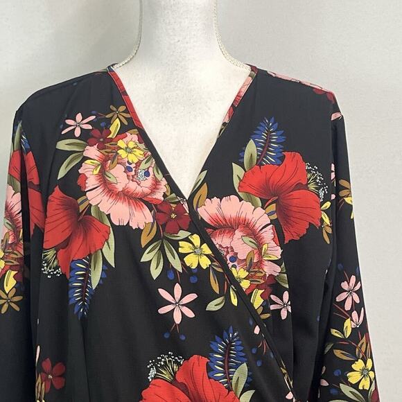 Boohoo Wrap Dress Plus size 16 Black Red Floral Ruffles Modest Wedding Church - Picture 4 of 13